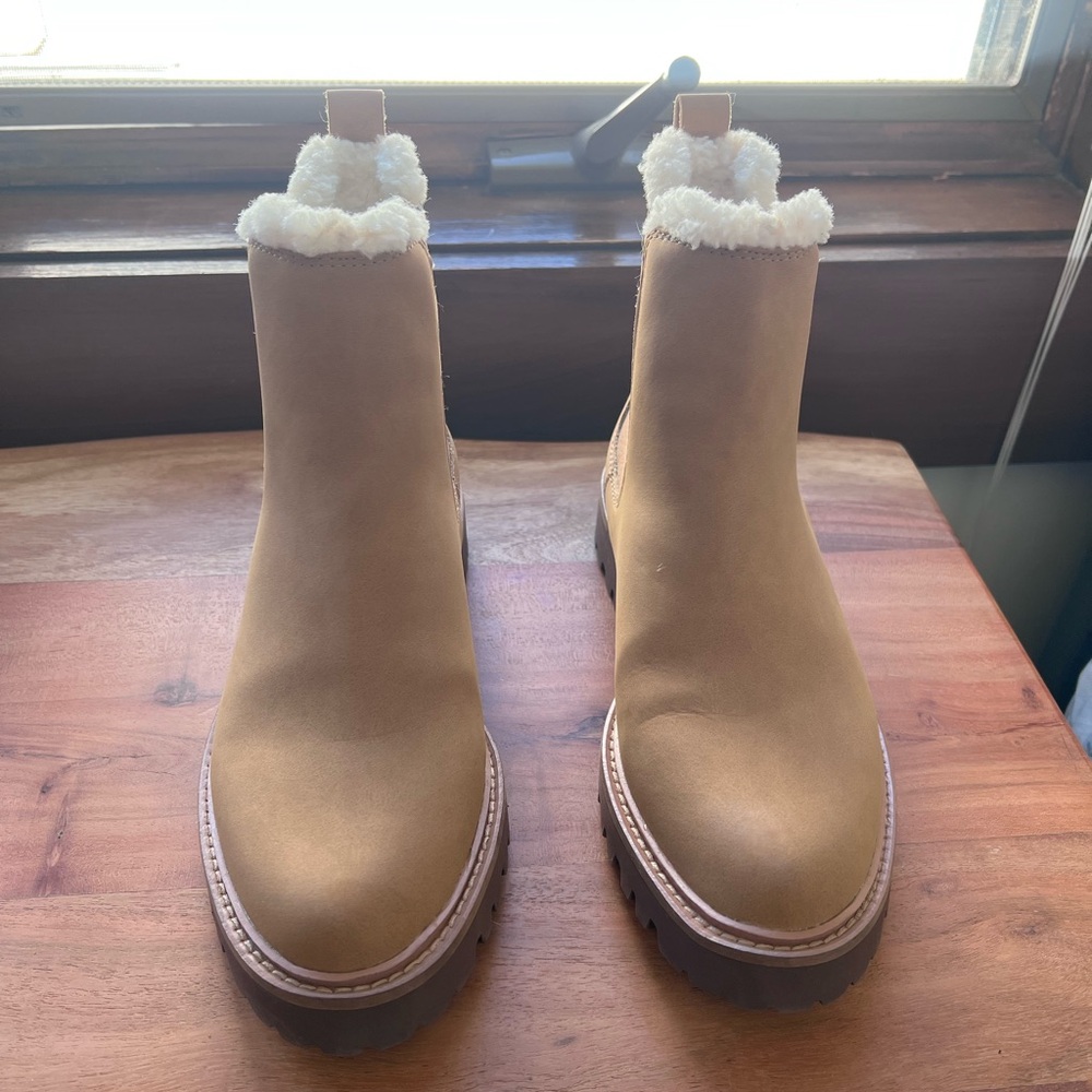 J. Crew Women's Tan Chelsea Booties with Sherpa Collar- worn twice